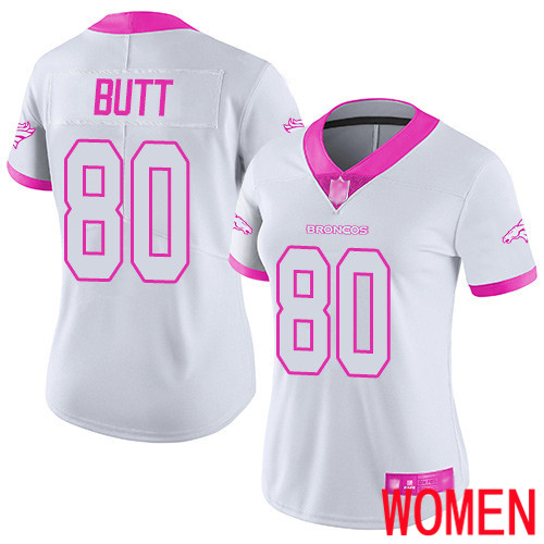Women Denver Broncos #80 Jake Butt Limited White Pink Rush Fashion Football NFL Jersey